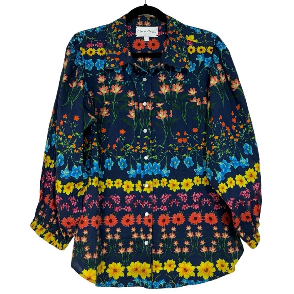Cara Cara Navy Blue Rainbow Floral Print Long Sleeve Snap Button Down Blouse L